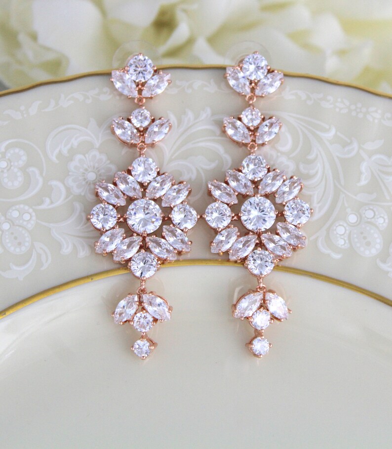 Rose Gold Bridal Earrings Statement Wedding Earrings Bridal Etsy