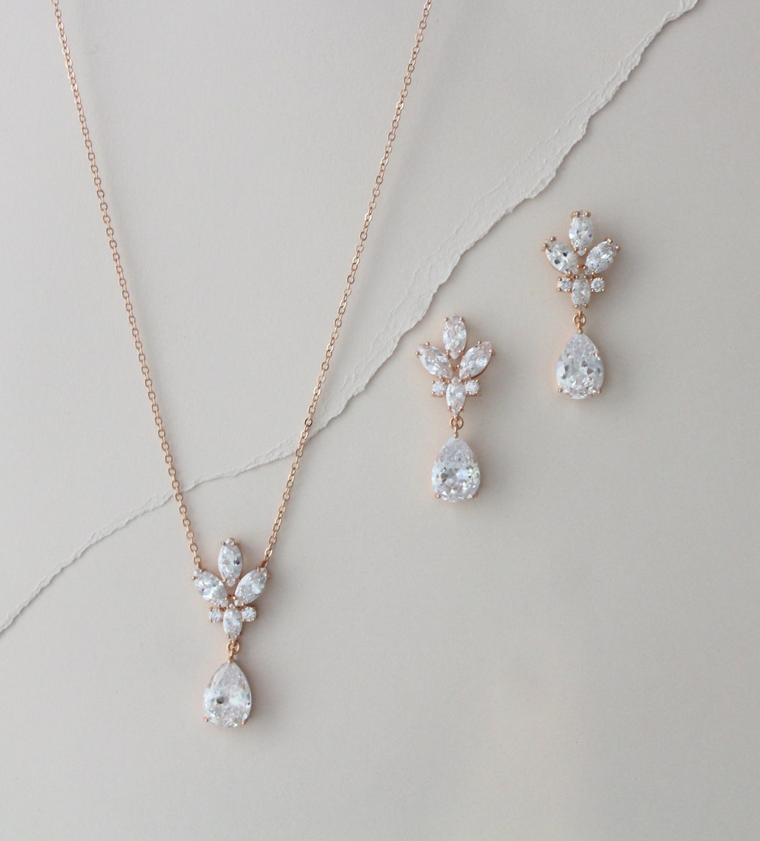 Rose Gold Necklace Set Bridal Jewelry Rose Gold Bridal Earrings ...