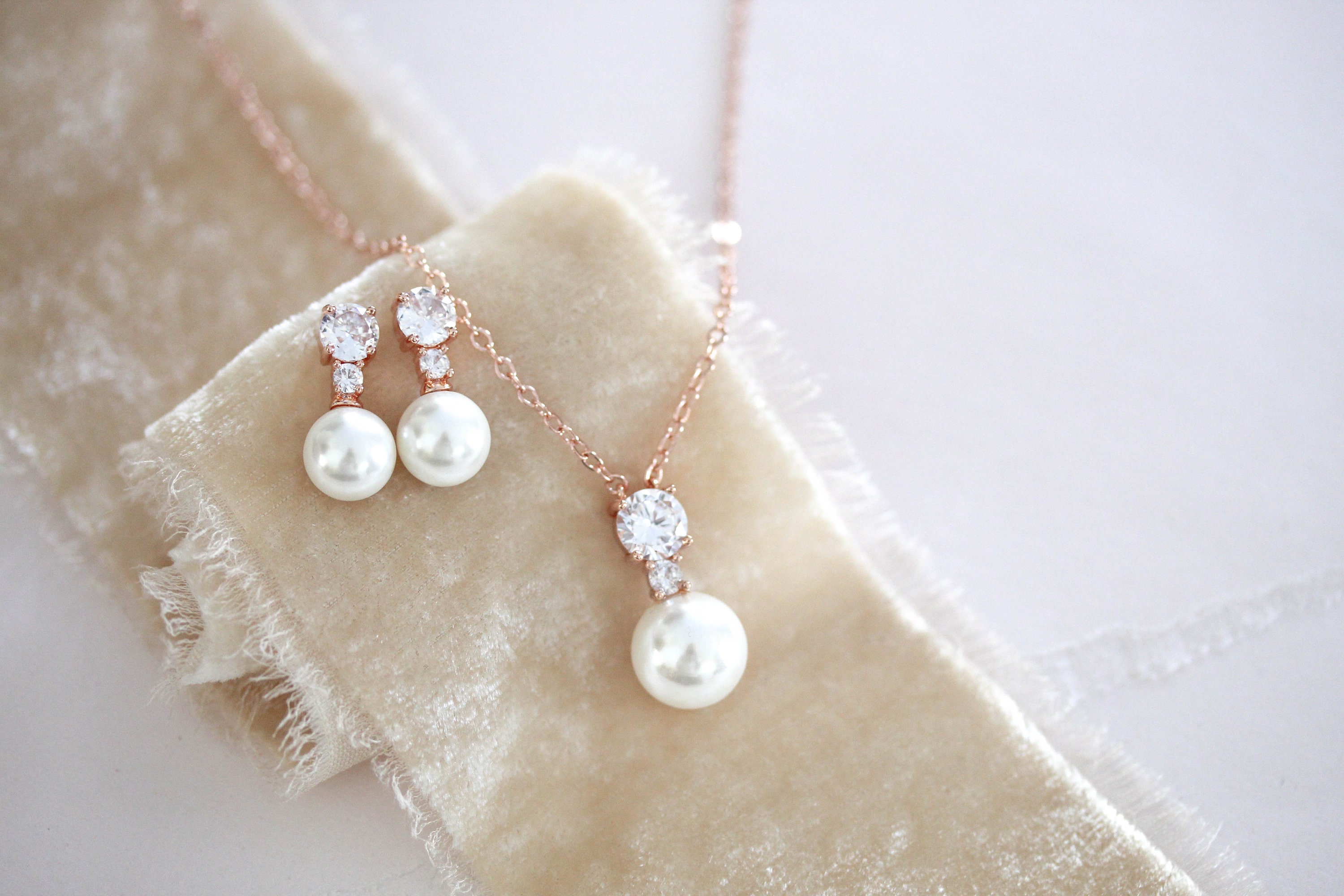 Pearl Drop Bridal Necklace Set Rose Gold Bridal Jewelry Pearl