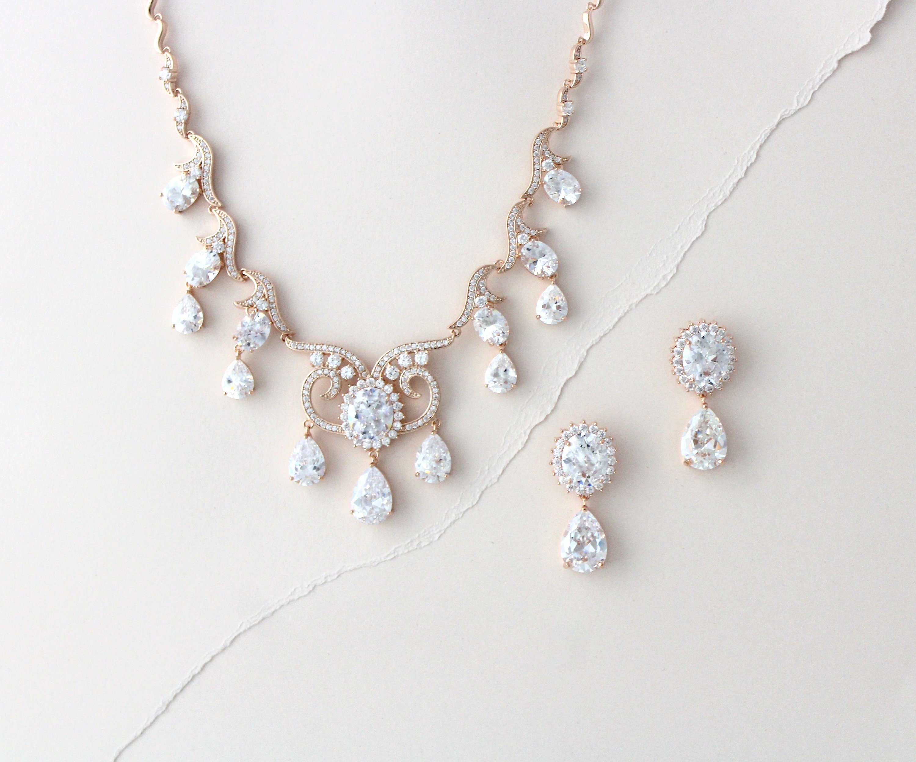Rose Gold necklace and earring set Bridal jewelry set Bridal Etsy