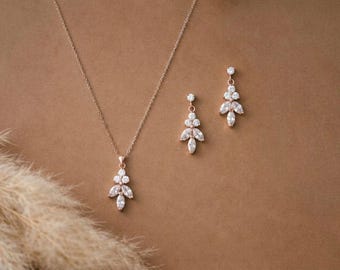 Rose Gold Bridal Jewelry Set, Cubic Zirconia Necklace and Earrings, Wedding Jewelry for Bride, Delicate Bridal Accessories