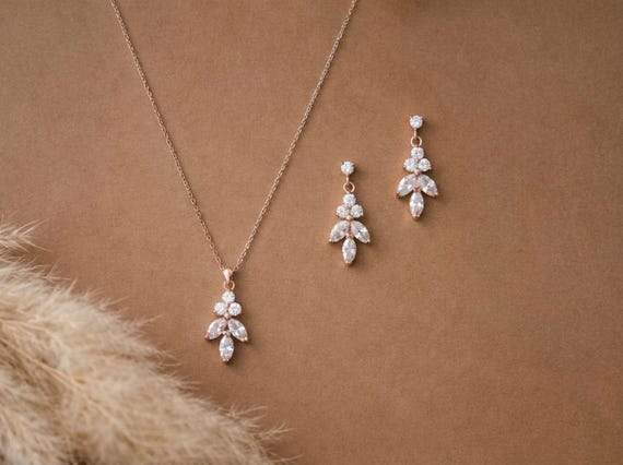 rose gold wedding dress accessories Bridal Jewelry Set, Cubic Zirconia Necklace and Earrings, Jewelry for Bride, Delicate Bridal collection:clothing