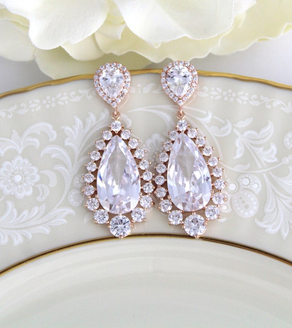 Rose Gold Bridal earrings Rose Gold Teardrop earrings Bridal | Etsy