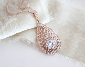 Collar de novia de oro rosa, collar de boda delicado, joyería nupcial, collar art déco, joyería de boda de oro rosa, collar sencillo para damas de honor