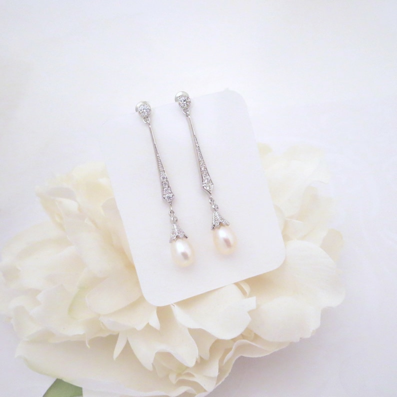 Long Bridal earrings Pearl drop Wedding earrings Art Deco earrings Wedding jewelry Crystal earrings Freshwater pearl earrings Dangle earring image 5