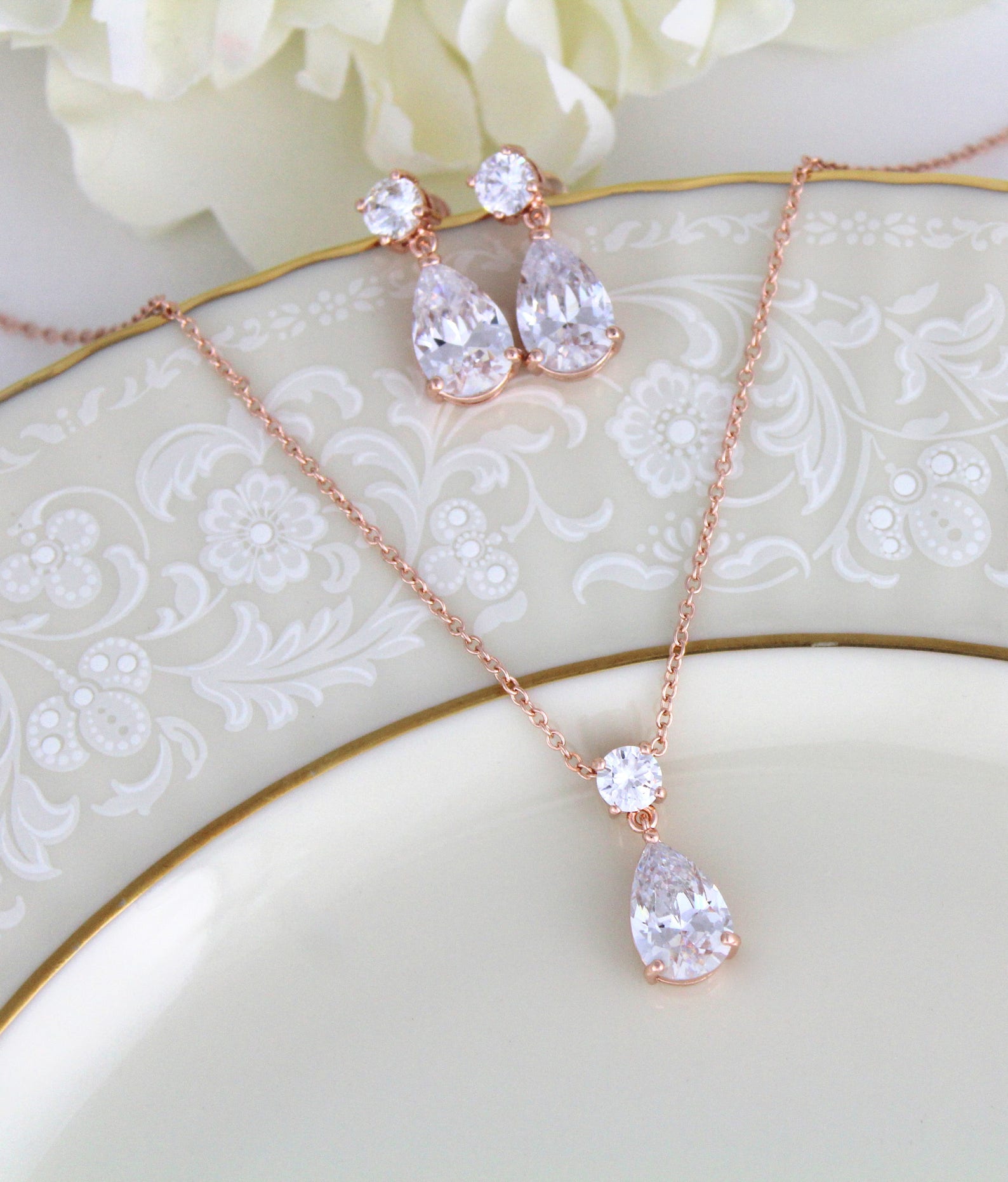 Dainty Rose gold necklace and earring set Bridal jewelry | Etsy