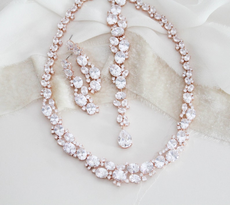 Rose Gold backdrop necklace Bridal back drop necklace Wedding necklace set Bridal jewelry set Chunky CZ necklace Bridal drop earrings image 5