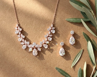 Rose Gold Bridal Jewelry Set, Cubic Zirconia Necklace & Earrings for Wedding, Necklace with Optional Backdrop