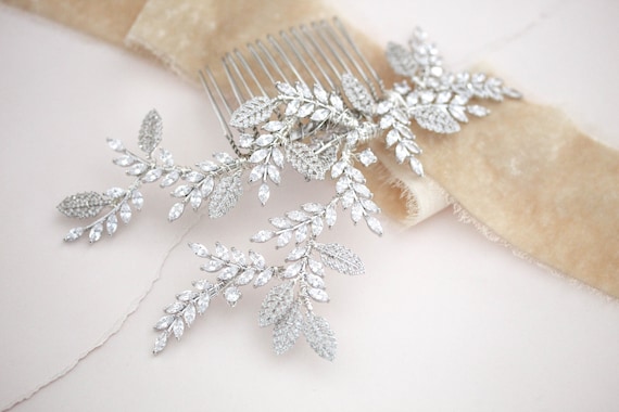 Silver Bridal Hair Comb, Bridal Hair Piece, Leaf Wedding  display picture 2