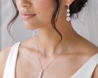 Rose Gold Bridal Jewelry Set, Drop Earrings and Pendant Necklace, Sparkly Wedding Jewelry Set, Cubic zirconia set for Bride