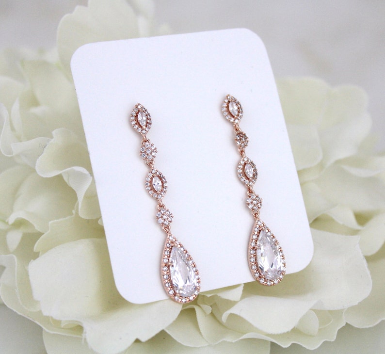 Long dainty crystal drop earrings Rose Gold Bridal earrings CZ Etsy