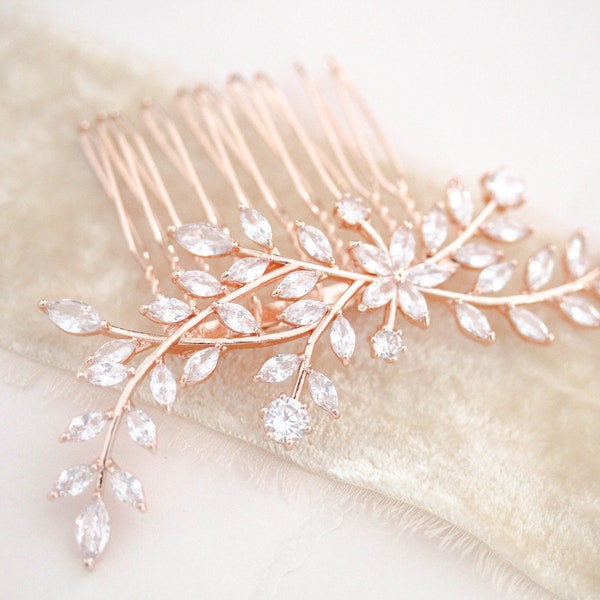 Rose gold Bridal hair comb, CZ Wedding hair comb, Bridal hair piece, Rose gold hair piece, Rose gold hair comb, Leaf hair comb, Headpiece