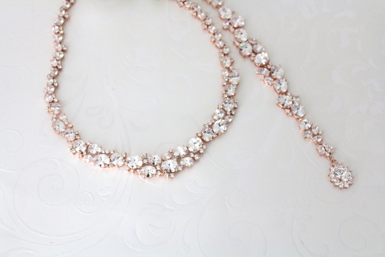 Rose Gold Backdrop Necklace Bridal Back Drop Necklace Wedding Etsy UK