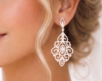 Rose Gold Bridal earrings Crystal Wedding earrings Bridal jewelry Statement Chandelier earrings Vintage style filigree earrings