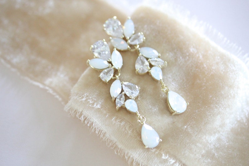 Rose gold crystal Bridal earrings, Bridal jewelry, CZ drop Wedding earrings, White opal earrings, Rose gold Wedding jewelry, Cubic Zirconia image 8
