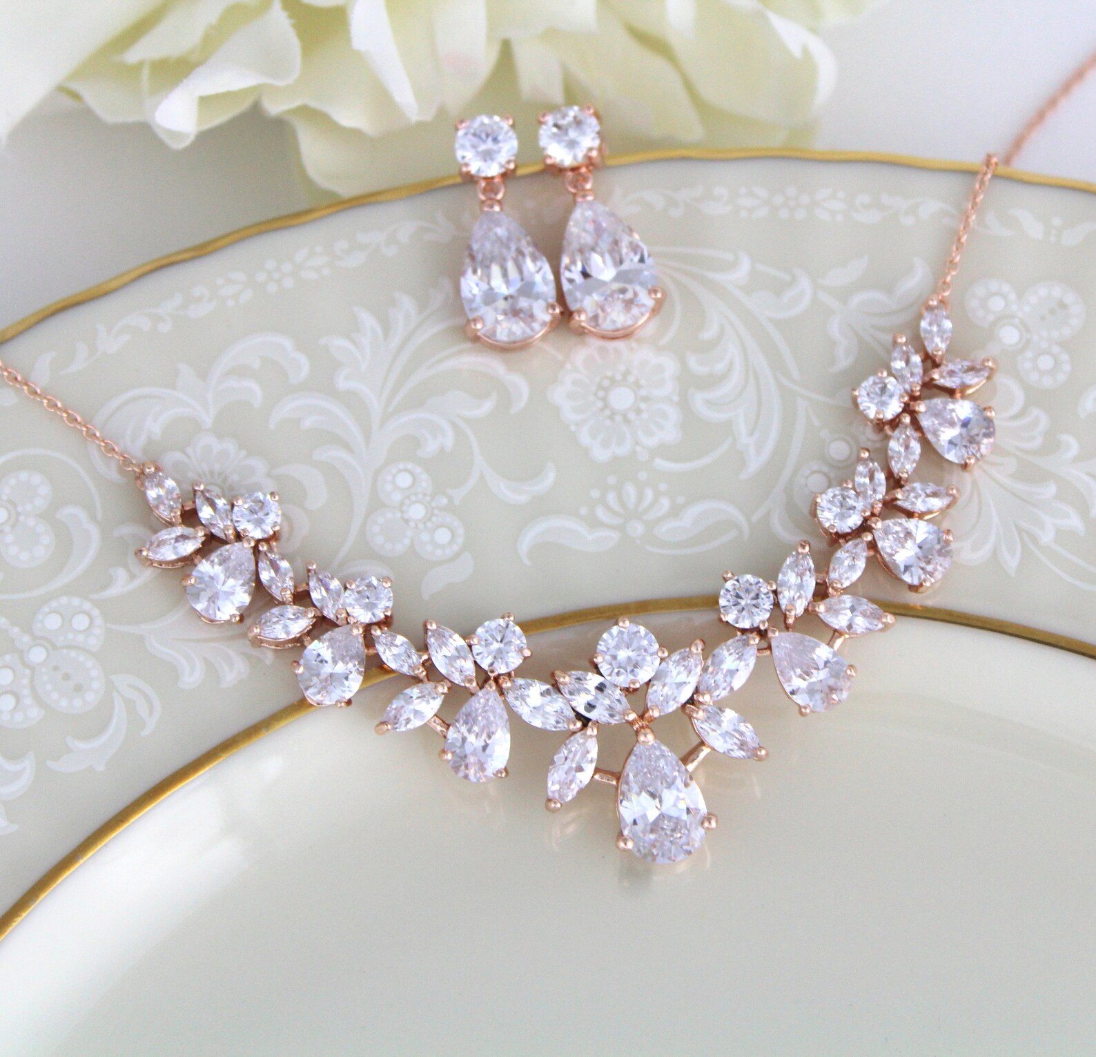 Rose Gold Necklace Set Bridal Jewelry Set Rose Gold Bridal Etsy