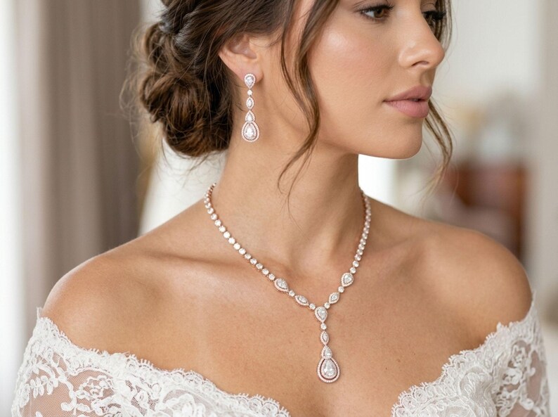 Bride wearing a rose gold cubic zirconia bridal necklace and matching drop earrings with an off-the-shoulder lace wedding gown from Exquisite Bride Shop.