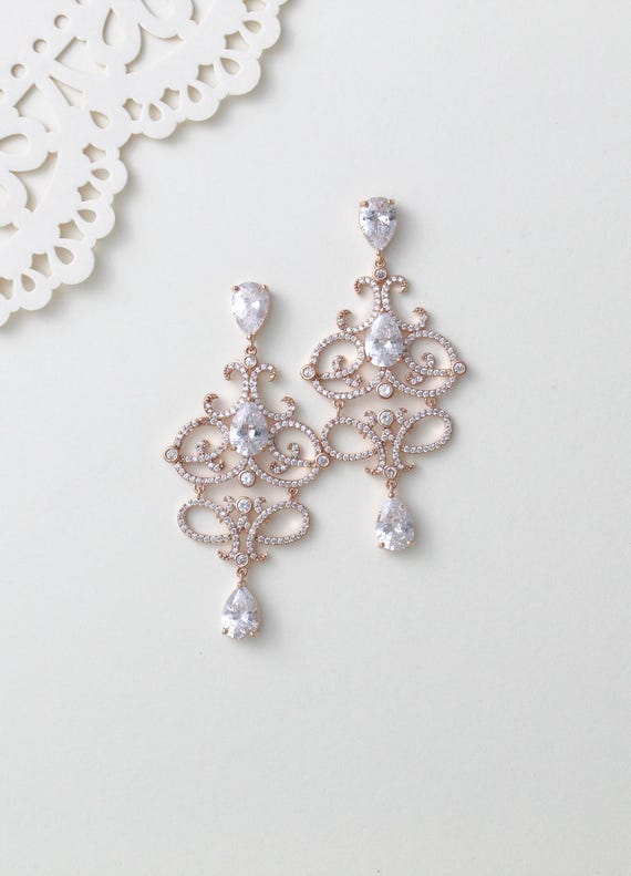 Rose Gold Chandelier Bridal Earrings, Cubic Zirconia Teardrop