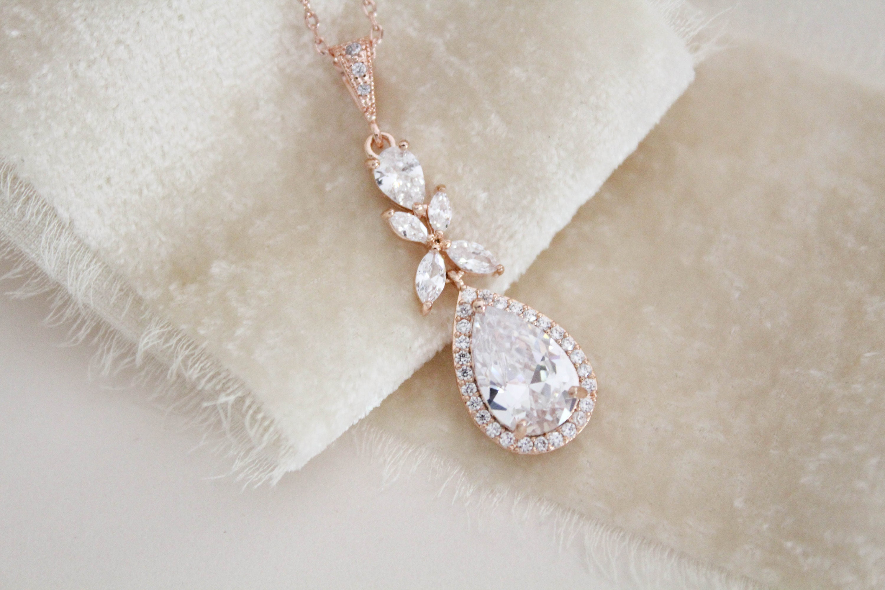 Rose Gold Necklace Bridal Necklace Wedding Jewelry Crystal