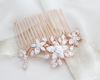 Peine de pelo de oro rosa Tocado de boda Peine de pelo nupcial de cristal Accesorios para el cabello nupcial Pieza de pelo de hoja floral Peine de pelo de dama de honor