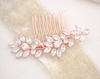 Peigne à cheveux en or rose, peigne à cheveux de mariée CZ, Pièce de cheveux en or rose, Pièce de cheveux florale, Pièce de cheveux de mariée, Pièce de cheveux en cristal, Coiffe