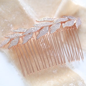 Rose Gold Bridal Hair Comb: Cubic Zirconia Leaf Wedding Headpiece