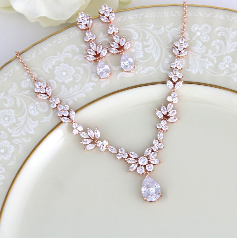 Elegant Rose Gold Polished Bridal Necklace & Earring Set with Nano Pearls