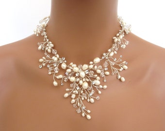 Collier de mariée, Collier de perles, Parure de bijoux de mariage, Collier en cristal, Boucles d'oreilles en perles, Boucles d'oreilles de mariée, Collier de mariage, Bijoux de mariée