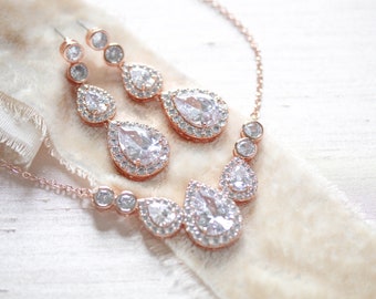Rose gold Bridal necklace, Wedding jewelry set, Wedding necklace and earrings, Bridesmaid jewelry set, Rose gold earrings, Bridal earrings