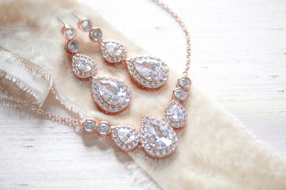 Rose gold Bridal necklace, Wedding jewelry set, Wedding necklace and earrings, Bridesmaid jewelry set, Rose gold earrings, Bridal earrings