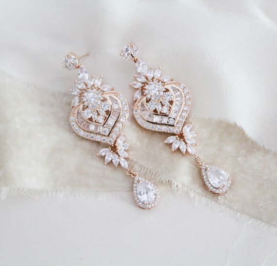 Rose Gold Bridal Earrings Long Chandelier Long Chandelier Earrings Bridal, Long Chandelier Style Earrings Rose Gold