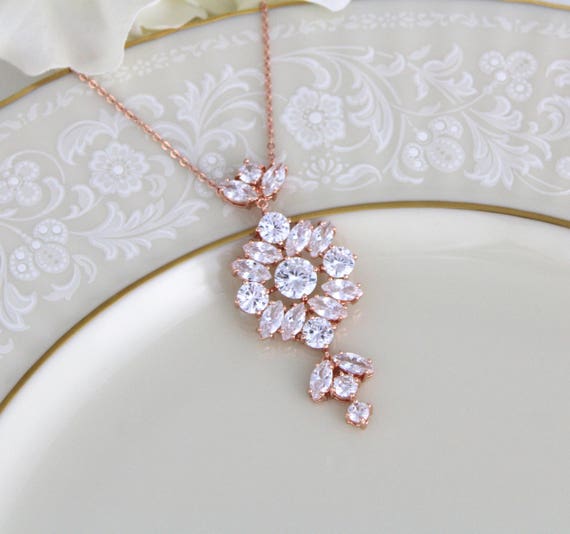 Rose gold Bridal necklace Cubic Zirconia Bridal jewelry CZ | Etsy