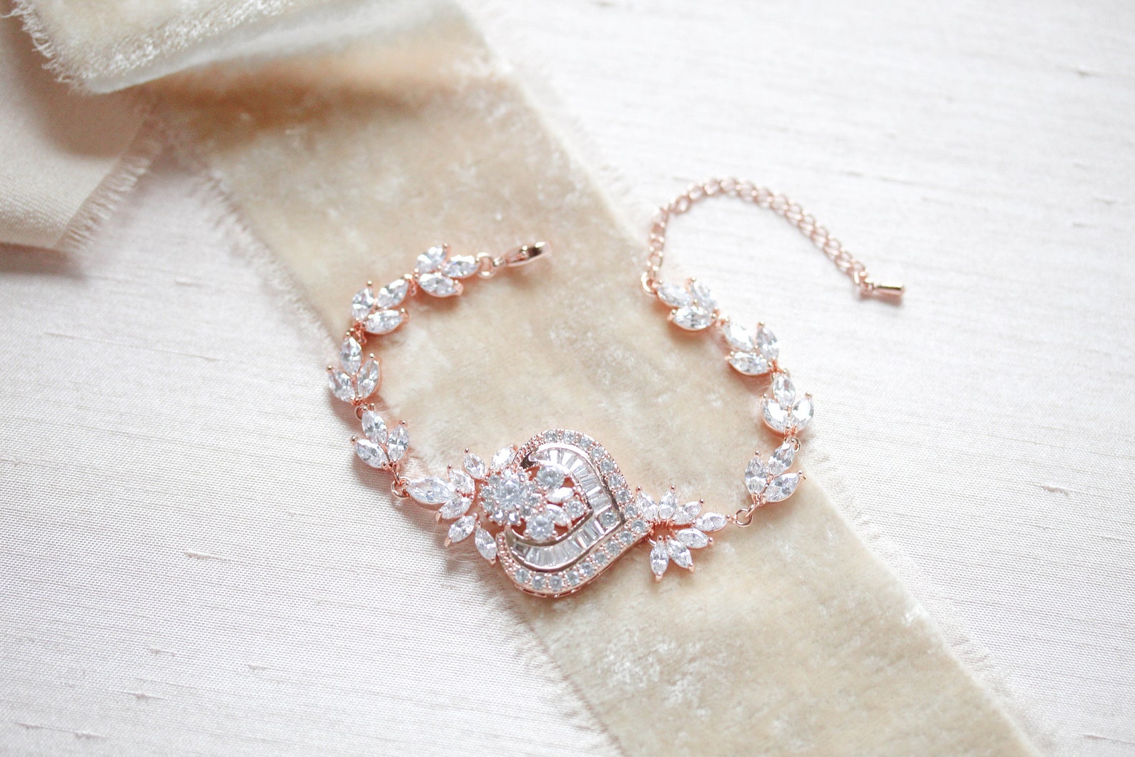 Rose Gold Wedding Bracelet Cubic Zirconia Bracelet Bridal Etsy