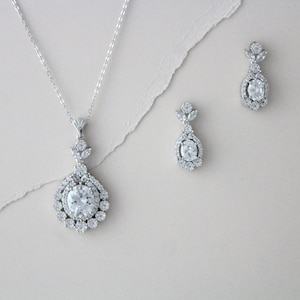 Sterling silver necklace and earrings, Bridal jewelry set, Wedding day jewelry set, Pendant necklace and earrings, Bridal earrings