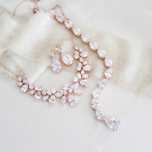 Rose Gold Backdrop necklace Bridal Back shops necklace Rose Gold Bridal necklace set Wedding jewelry set Teardrop necklace Crystal drop earrings