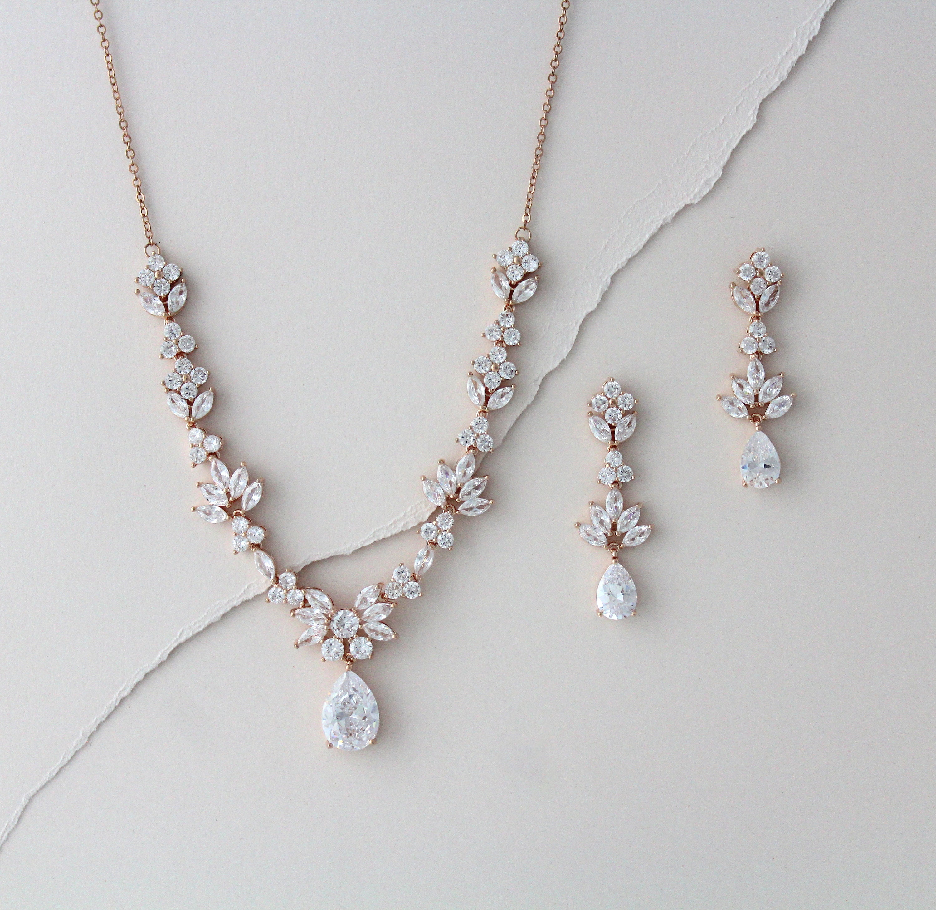Rose Gold Bridal Necklace And Earring Jewelry Set For Wedding Cubic 