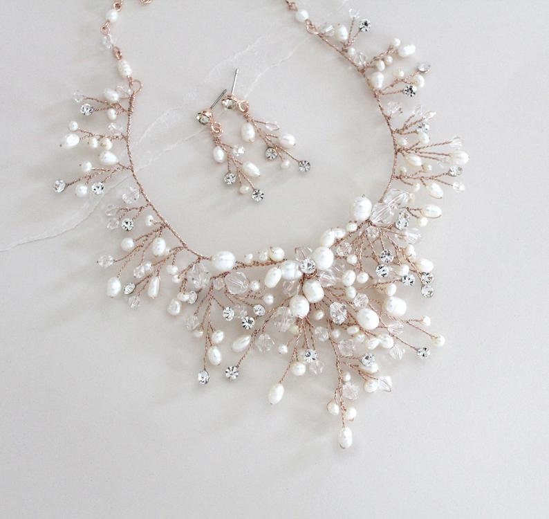 Bridal necklace, Pearl necklace, Wedding jewelry set, Crystal necklace, Pearl earrings, Bridal earrings, Wedding necklace, Bridal jewelry image 9