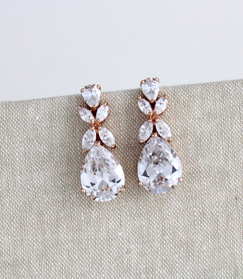 Rose Gold Crystal Bridal Earrings Bridal Jewelry Teardrop Stud | Etsy