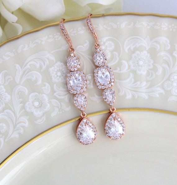 Long Rose gold earrings Crystal Bridal earrings Bridal jewelry | Etsy