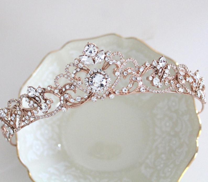 Rose gold Bridal tiara Rose gold Wedding crown Rhinestone crystal tiara Vintage style wedding tiara Bridal headband headpiece image 6