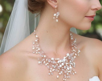 Rose Gold Pearl Bridal Jewelry Set, Crystal and Rhinestone Necklace and Earrings, Statement Wedding Jewelry