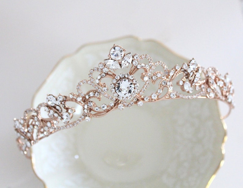 Rose gold Bridal tiara Rose gold Wedding crown Rhinestone crystal tiara Vintage style wedding tiara Bridal headband headpiece image 4