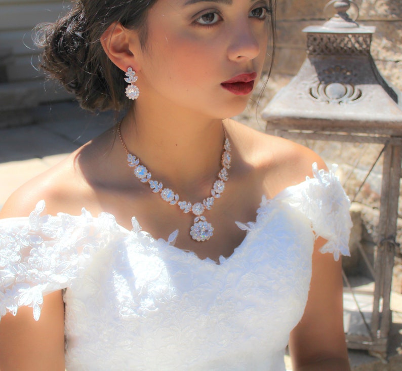 Rose Gold backdrop necklace Bridal necklace and earring set Bridal jewelry Wedding earrings Wedding jewelry set Bridal back necklace