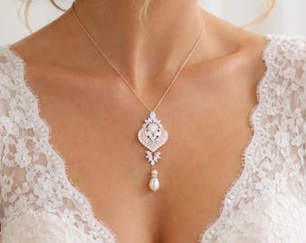 Rose Gold Bridal necklace, Art Deco Pendant Wedding necklace, Bridal jewelry, Wedding day jewelry Crystal and pearl necklace for Bride