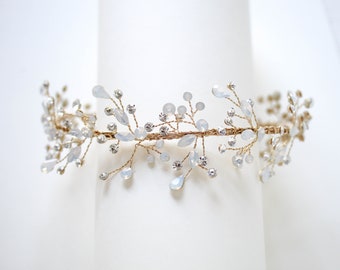 Gold Bridal headband, Crystal Wedding headband, Vine headband for wedding, White opal hair piece, Wedding headpiece, Floral hair piece