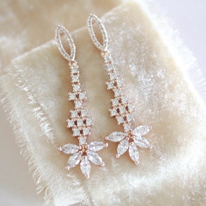 Long Rose gold Bridal earrings, CZ Wedding earrings, Bridal jewelry, Crystal earrings, Rose gold Wedding jewelry, Cubic zirconia earrings