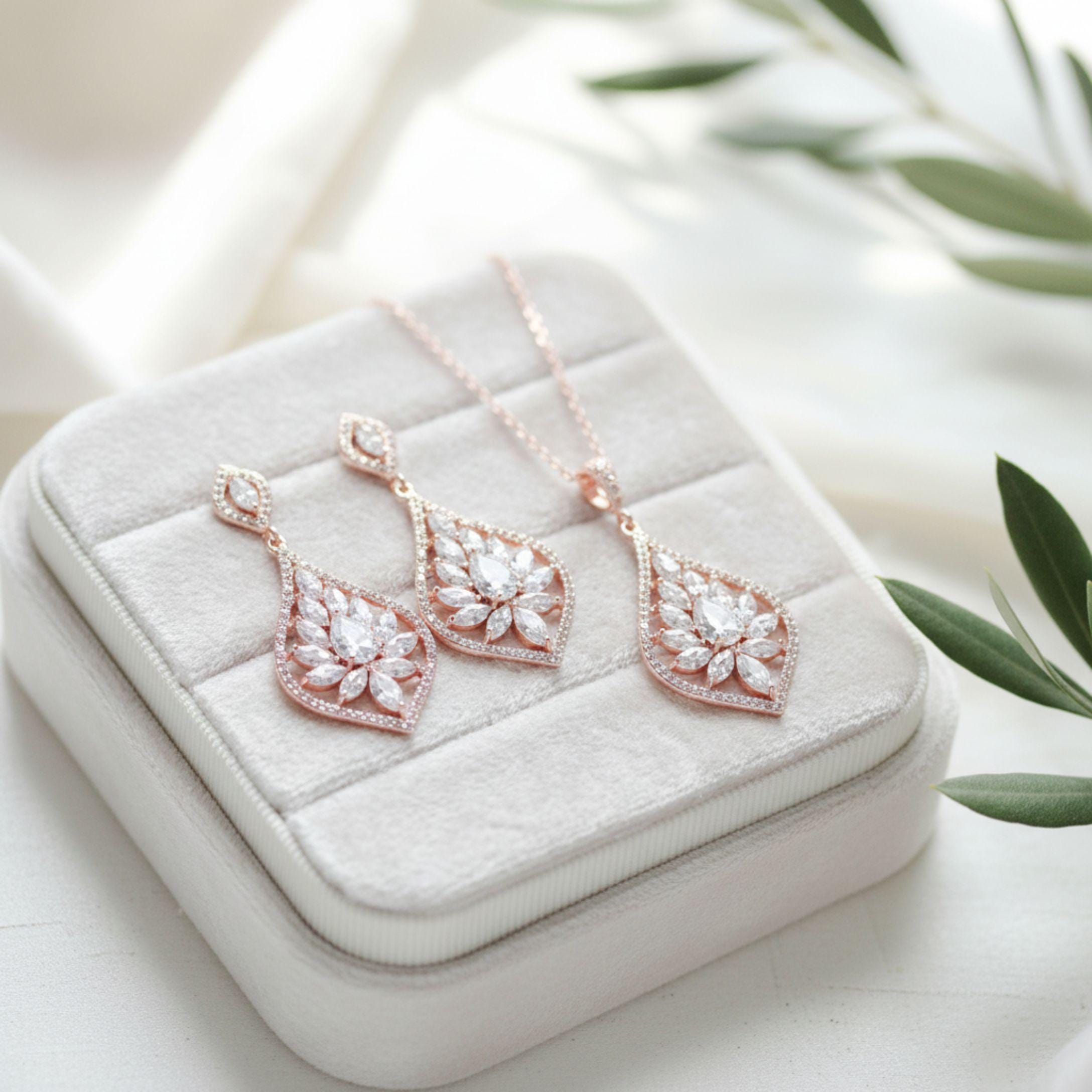 JWICOS Bridal Jewelry Set – Silver Leaf Flower Necklace & Dangle Earrings For Wedding & Prom