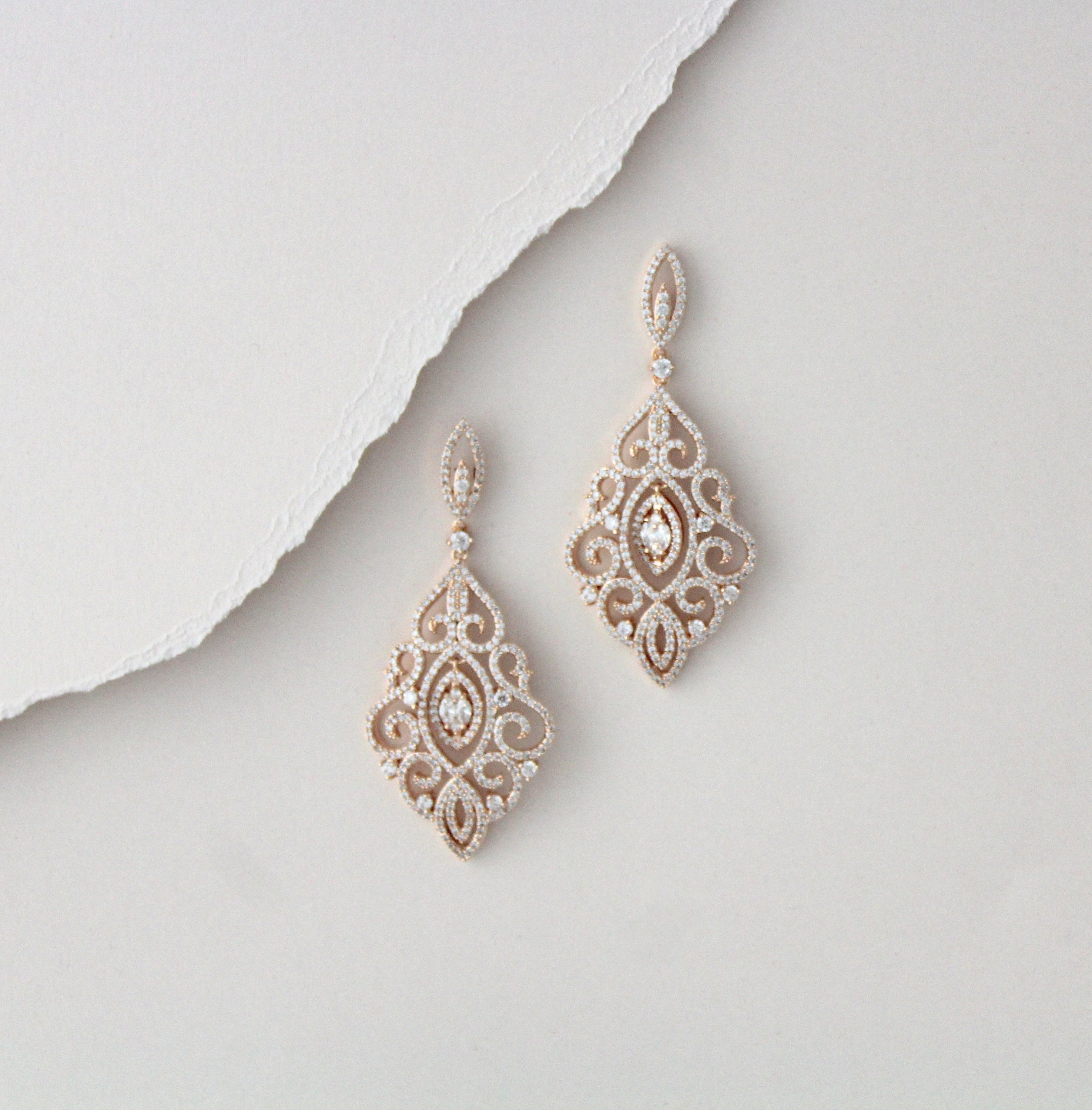 Rose Gold Braut Ohrringe Kristall Hochzeit Ohrringe Braut Schmuck Statement Chandelier Ohrringe Vintage Style filigrane Ohrringe