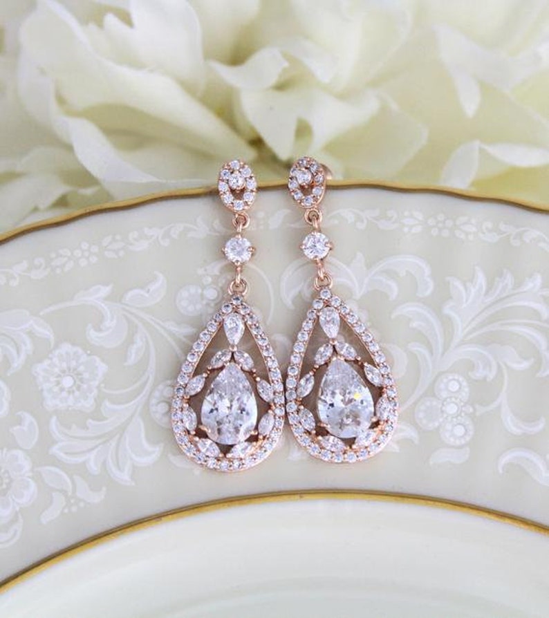 Bridal Chandelier Earrings Bridal Jewelry Rose Gold Cz Etsy