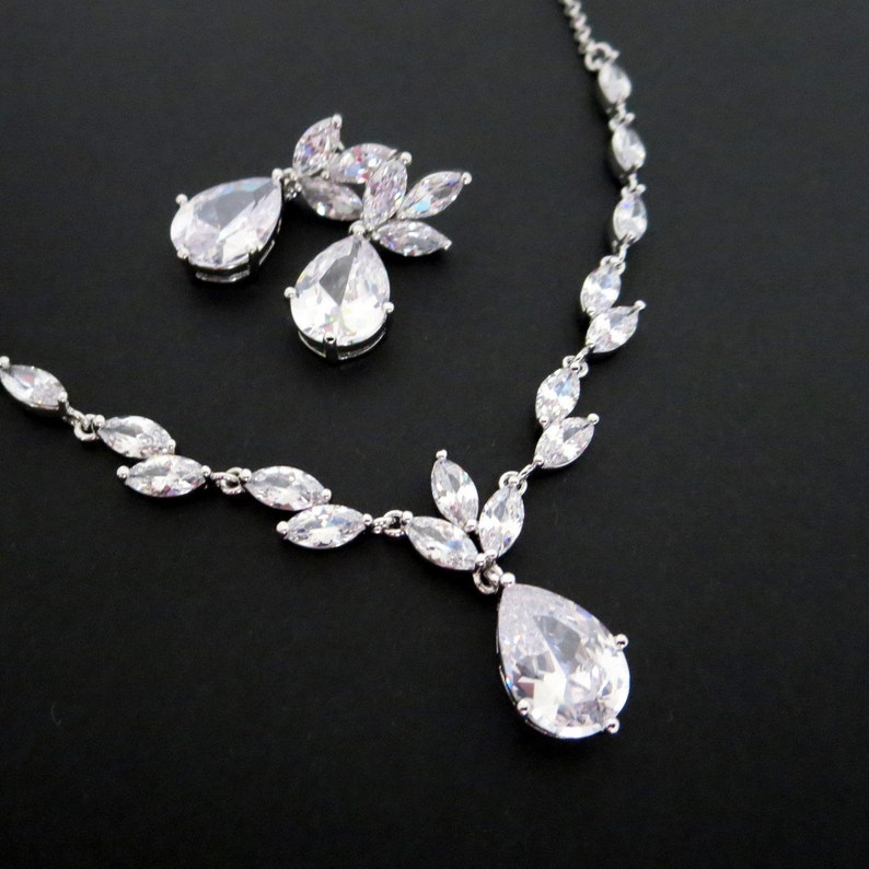 Dainty Bridal Necklace and Earring Set Silver Wedding Jewelry Etsy